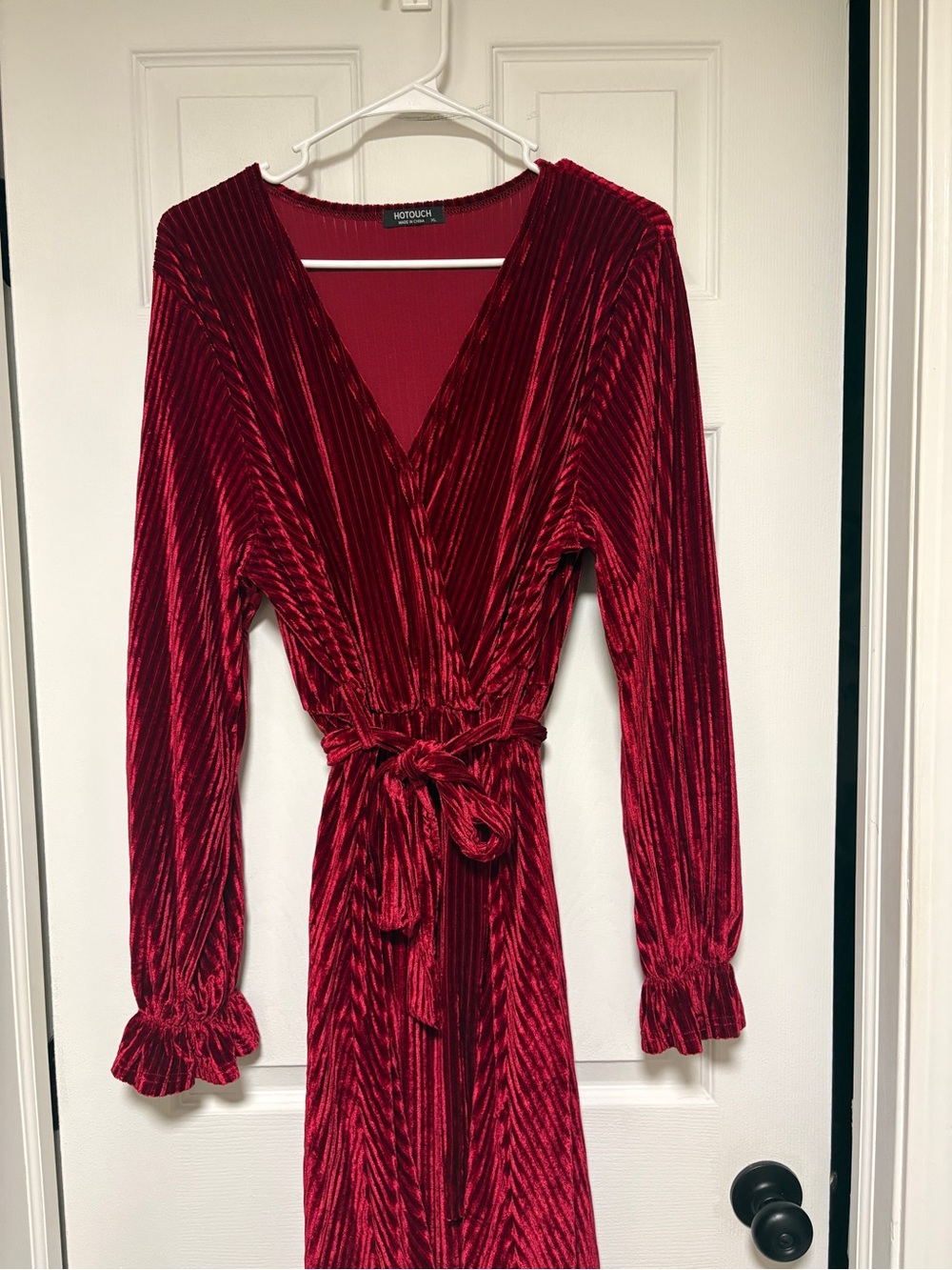 Women's Red Velvet Wrap Dress with Tie Waist by Hotouch